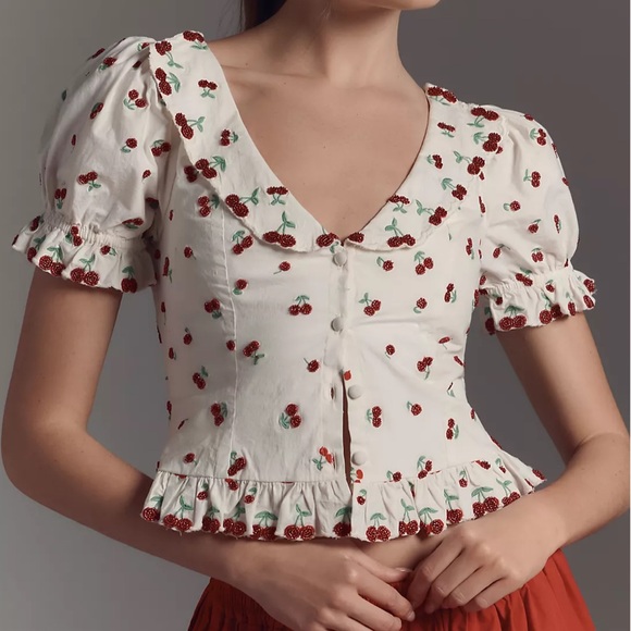 For Love & Lemons Beaded Cherries Puff-Sleeve Top - Picture 1 of 6